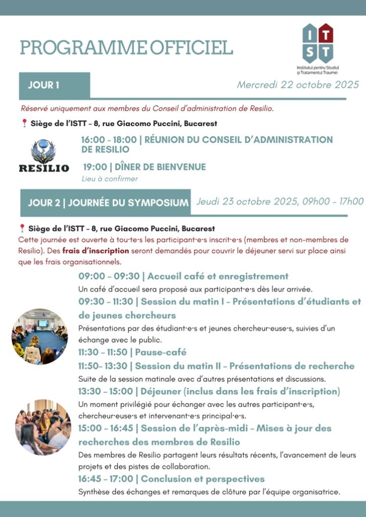 Programme officiel du symposium international sur la résilience, incluant le calendrier des événements et détails sur la participation.